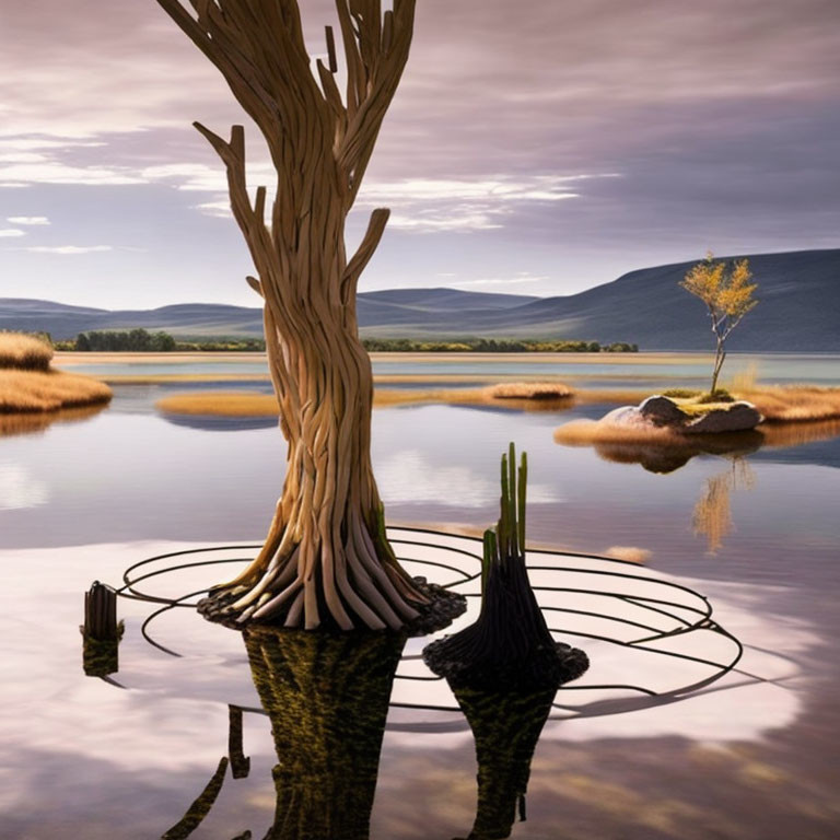 Surreal landscape with twisted tree, circular reflection, grassy islets, rolling hills, purple