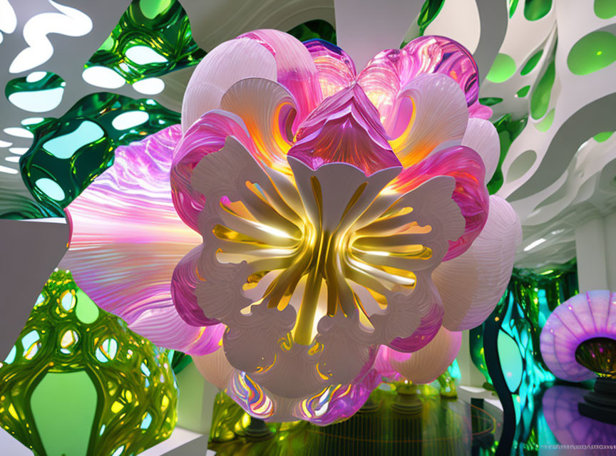 Iridescent flower structure in vibrant digital art installation