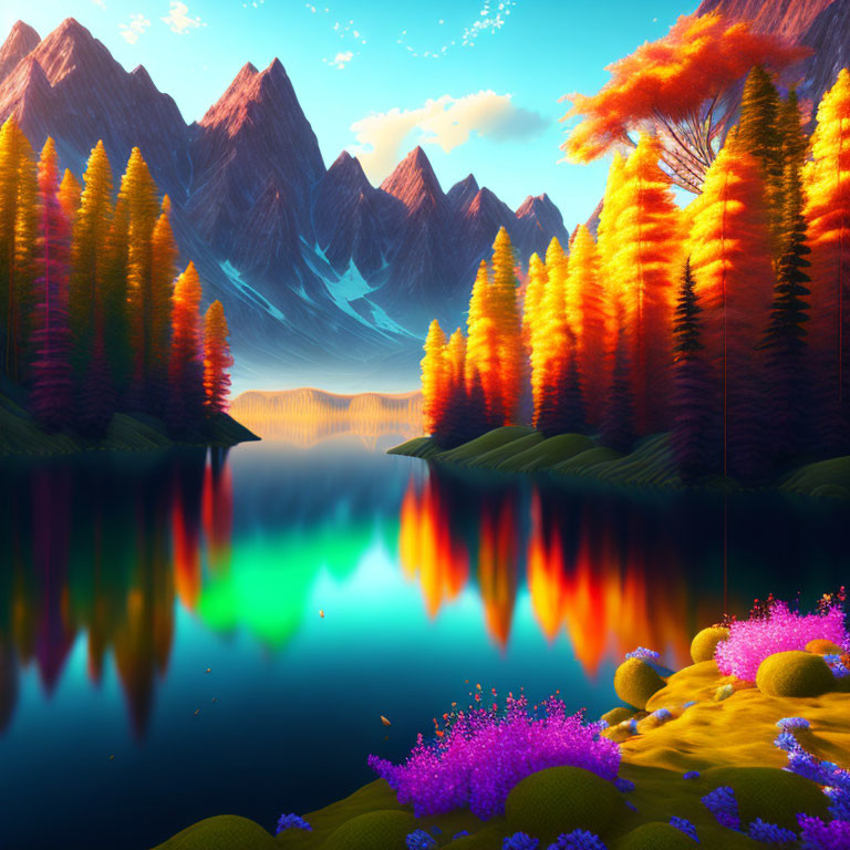 Autumn landscape with lake, mountains, and vibrant colors