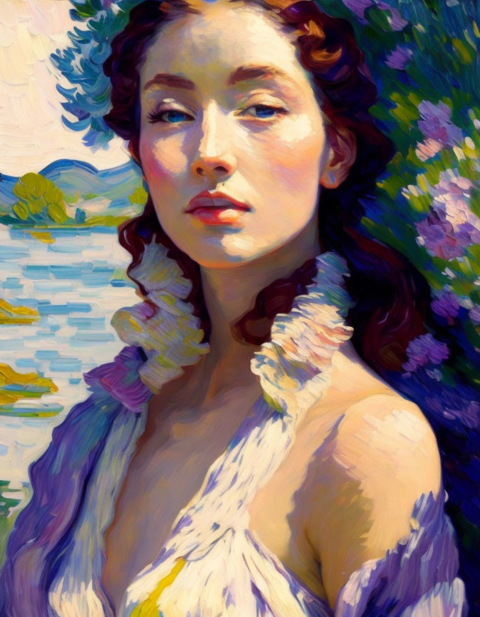 Vivid brushstrokes and bright colors: Woman in nature with water