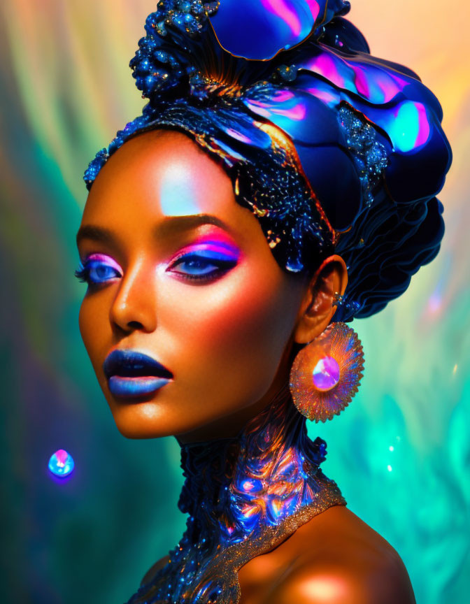 Colorful portrait of a woman with artistic makeup and adorned headpiece