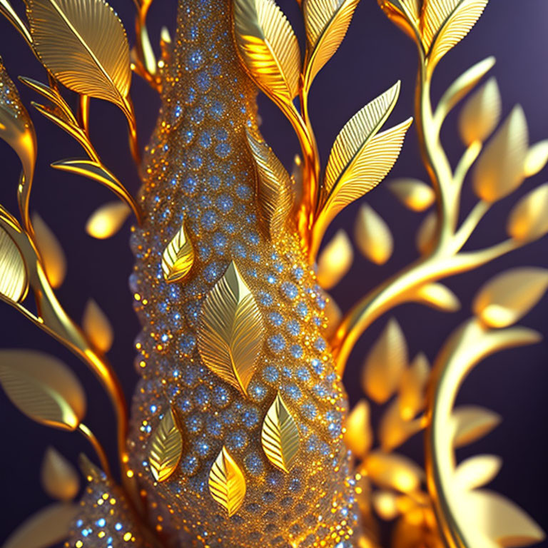 Golden tree with sparkling leaves on deep purple background