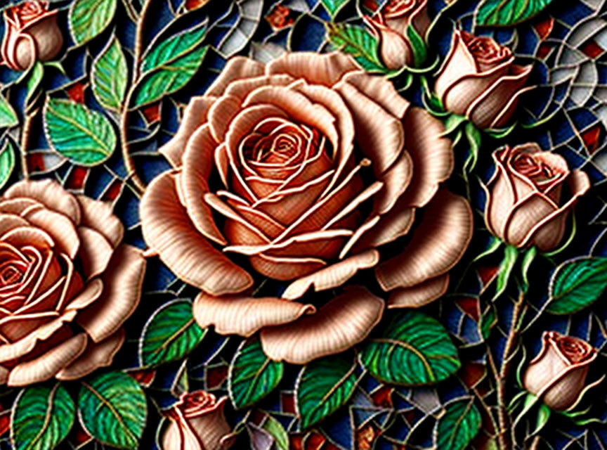 Mosaic Artwork of Peach and Red Roses on Dark Background