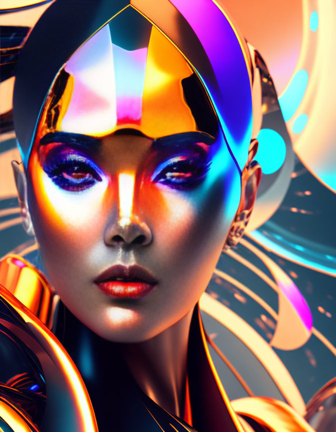 Abstract futuristic female figure with metallic headgear and vibrant makeup on swirling blue and orange backdrop