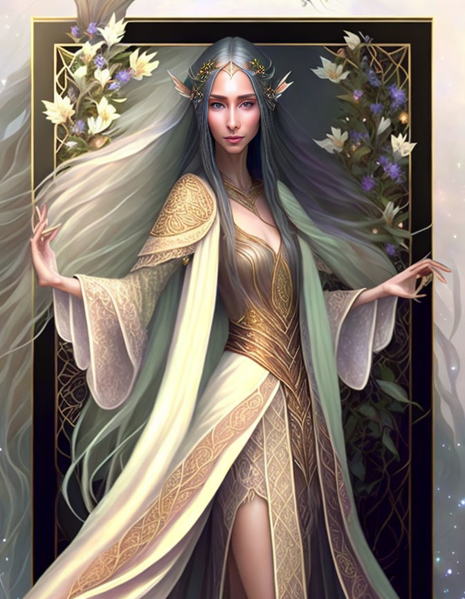 Ethereal elf queen with blue eyes and floral crown