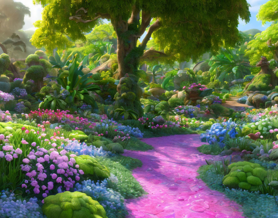 Colorful fantasy garden with pink pathway & blooming flowers