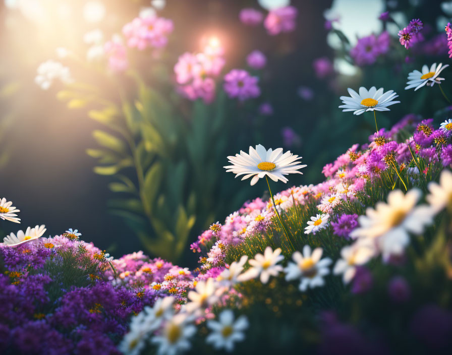 Tranquil daisy and purple flowers in soft sunlight