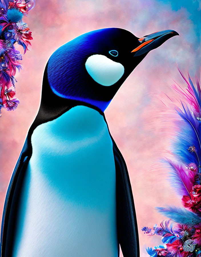 Colorful Penguin Illustration Against Abstract Background