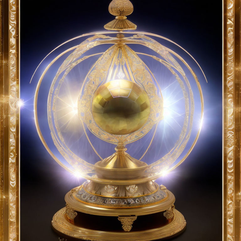 Elaborate Golden Trophy with Glowing Sphere and Radiant Light Beams