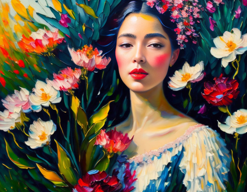 Colorful portrait of a woman with blooming flowers and lush greenery.