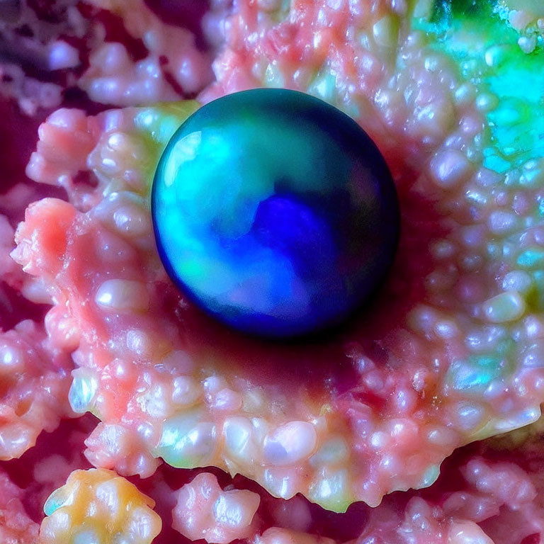 Blue-green pearl on multicolored textured surface