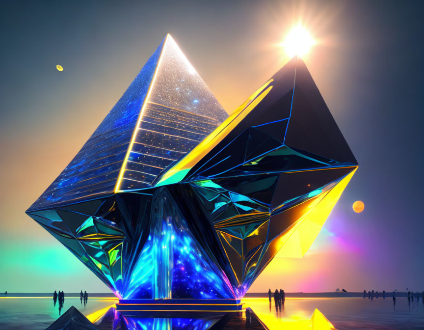 Sci-fi crystal pyramids glowing with people on reflective surface under twin suns