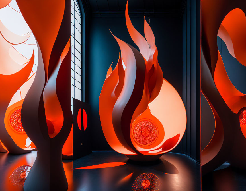 Flame-like sculptures in orange and red hues in dark room with illuminated patterns