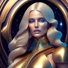 Futuristic female figure with golden headdress and glowing blue skin