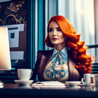 Woman with flowing hair in silver dress by computer in futuristic neon-lit setting