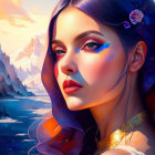 Female elf fantasy portrait with diadem, purple hair, pointed ears, and golden armor in mystical forest