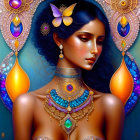 Colorful woman with vibrant makeup and jeweled accessories on kaleidoscopic backdrop