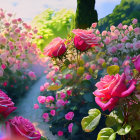 Blooming pink roses amidst colorful flowers and foliage under soft sunlight