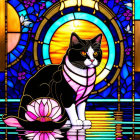 Stained Glass Artwork: Tuxedo Cat and Pink Flower on Blue Background