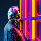 Stylized portrait with slicked-back hair on multicolored background