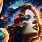 Colorful digital artwork: woman's face merges with cosmic background