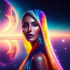 Artistic portrayal of two women profiles in cosmic setting with crescent moon and glittering space.