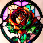 Colorful stained glass artwork with central rose and leaf motifs