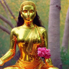 Golden humanoid figure holding pink flower outdoors surrounded by trees