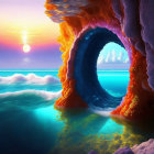 Futuristic illuminated arch by tranquil sea at sunset