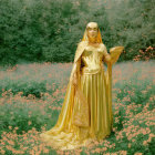 Elaborate golden costume person in pink flower field