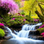 Vibrant forest scene with colorful waterfall and illuminated foliage