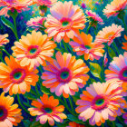 Colorful Gerbera Daisies in Orange, Pink, and Purple on Blue Mosaic Background