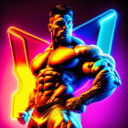 Golden muscular figure in vibrant surreal setting.