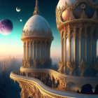 Futuristic cityscape at dusk with metallic structures and rainbow orb