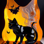 Black Cat with Yellow Eyes in Halloween Scene with Bats and Pumpkins