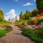 Colorful Garden with Mosaic Path and Stained-Glass Building