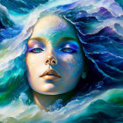 Colorful portrait of woman merging with sea and wind patterns