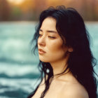 Dark-haired woman portrait against serene ocean twilight.