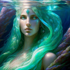 Mystical woman with green-blue hair blending into waves.