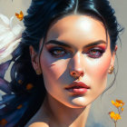 Vibrant portrait of a woman with flowers and butterfly, exuding beauty and nature