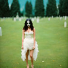 Blue-haired bride in surreal cemetery with vibrant grass and colorful flowers