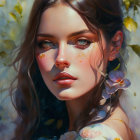 Portrait of a woman with subtle makeup and face jewel in soft, iridescent light.