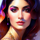 Stylized digital artwork of a woman with vibrant blue and purple makeup