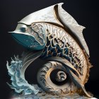 Stylized fish sculpture with ornamental patterns in blue and grey