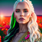 White-haired female elf with blue eyes among red flowers and mystical lighting