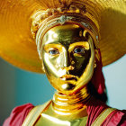 Person in Golden Face Paint and Elaborate Headpiece in Red and Gold Attire