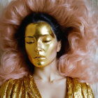 Golden makeup woman in gold sequined dress on gold-toned backdrop