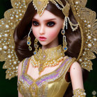 Stylized 3D artwork: Female figure with ornate gold headdress & jewelry