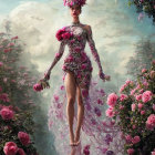 Ethereal figure in pink and gold gown in mystical forest