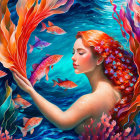 Fiery Red-Haired Woman Submerged in Water with Swirling Blue Patterns and Pink Blossoms